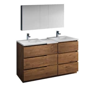 Lazzaro 60 in. Modern Double Bathroom Vanity in Rosewood with Vanity Top in White with White Basins and Medicine Cabinet