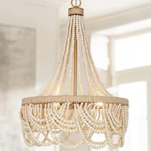 Modern Farmhouse Empire Beaded Chandelier, 3-Light Antique Gold Transitional Boho Chandelier with Handmade Wood Beads