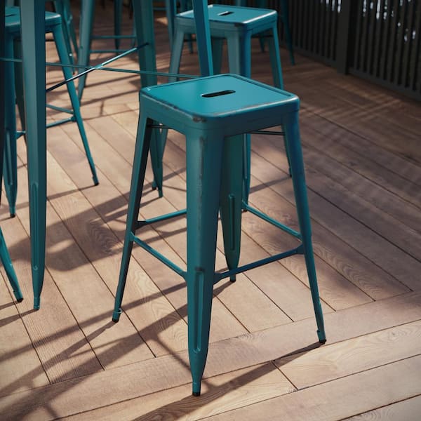 Flash Furniture 30 in. Distressed Blue Metal Bar Stool
