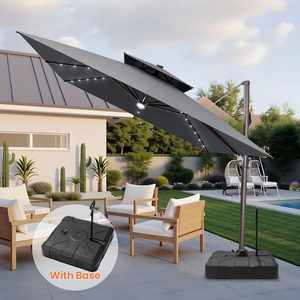 CLOUDFLY 11 ft. x 11 ft. 360 Rotatable Cantilever Umbrella and 300 lbs.  Stand with Rod Outdoor Solar LED Patio Umbrella in Gray 87PUL39UDGY