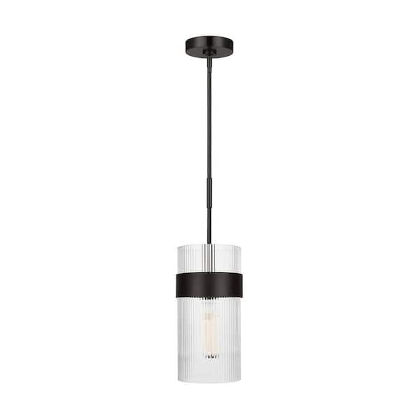 Generation Lighting Geneva 7 in. W x 13.75 in. H 1-Light Aged Iron Mid-Century Indoor Dimmable Large Pendant Light with Clear Glass Shade