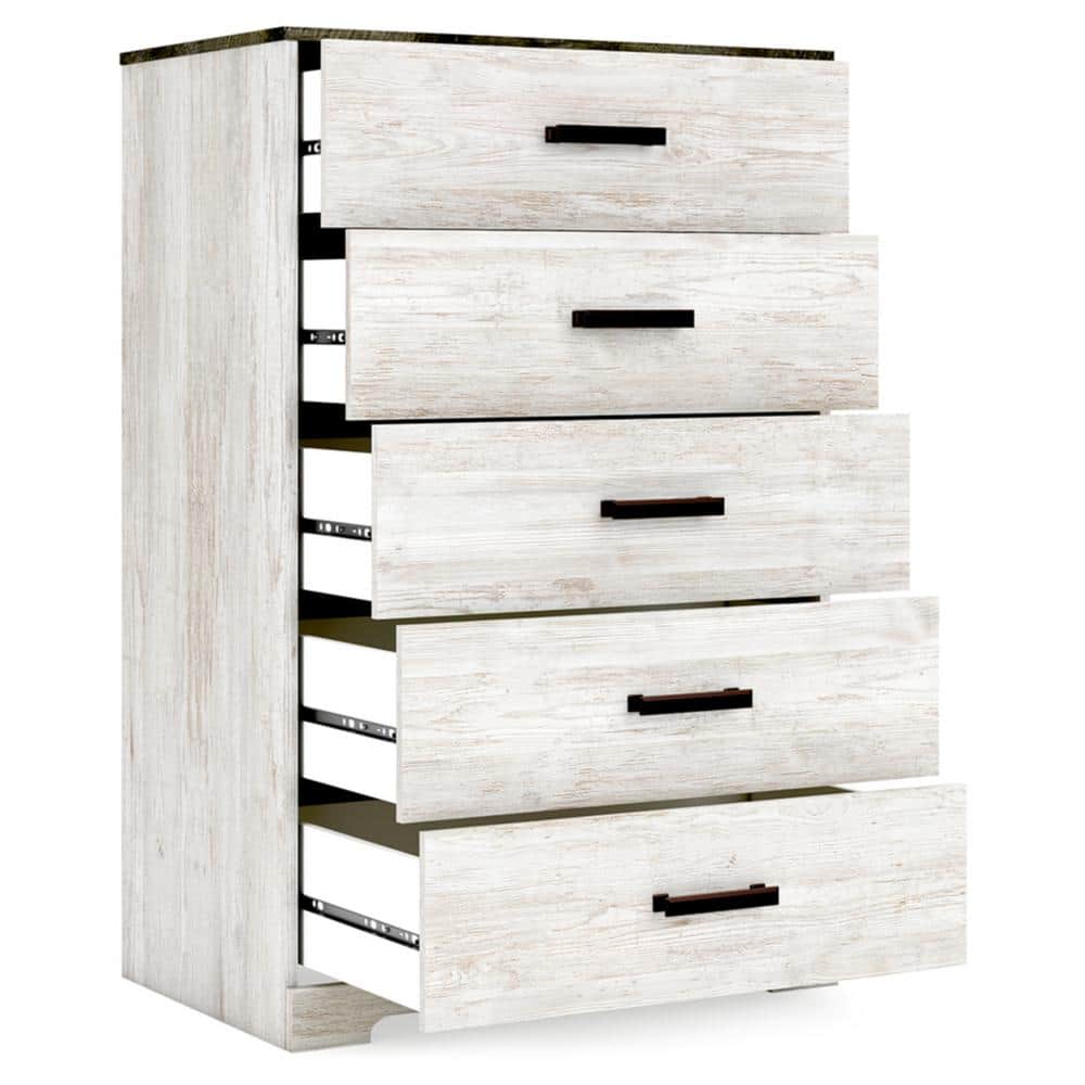 Transitional Whitewash & Charcoal Gray 5-Drawer Chest with Pewter-Tone Hardware