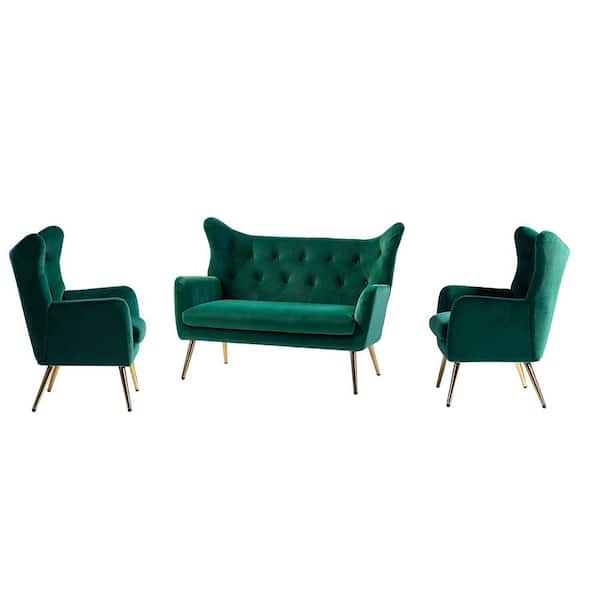 JAYDEN CREATION Esteban 3 Piece Green Living Room Set with Wingback Design