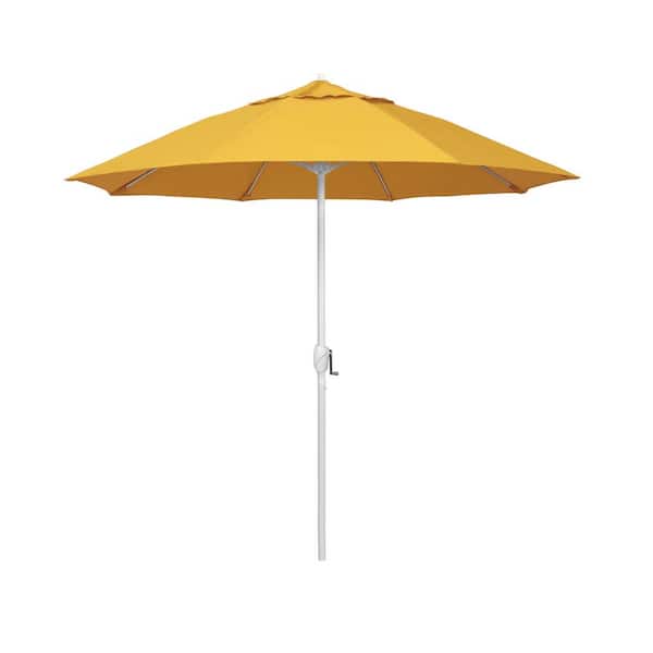 California Umbrella 7.5 ft. Matted White Aluminum Market Patio Umbrella Fiberglass Ribs and Auto Tilt in Sunflower Yellow Sunbrella