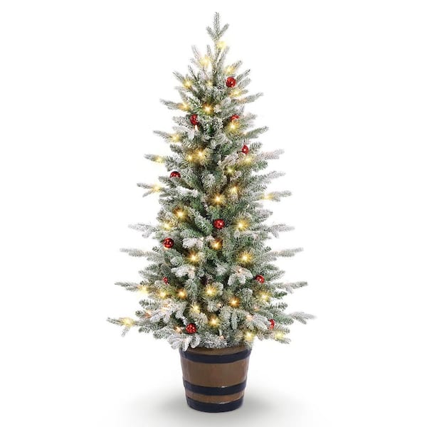 AFAIF 4.5ft. Potted Snow Flocked Arctic Fir Artificial Christmas Tree PVC and PE 330 Branch Tips W/ Red Balls and Potted Stand