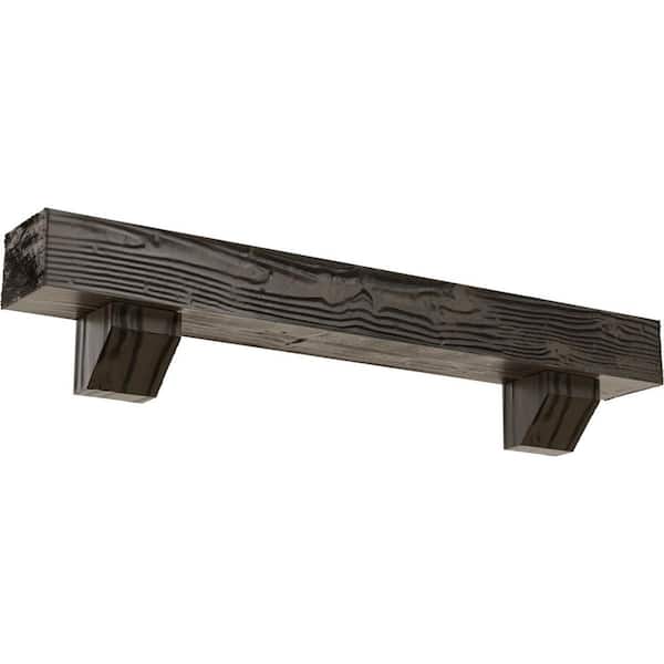 Ekena Millwork 4 in. x 6 in. x 3 ft. Sandblasted Faux Wood Beam Fireplace Mantel Kit, Ashford Corbels in Burnished Honey Dew