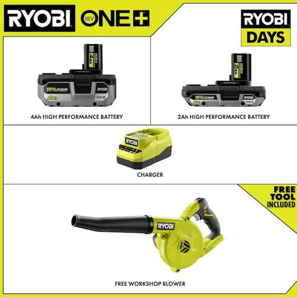 ONE+ 18V HIGH PERFORMANCE Kit w/ 4.0 Ah Battery, 2.0 Ah Battery, Charger, & FREE ONE+ Cordless Workshop Blower
