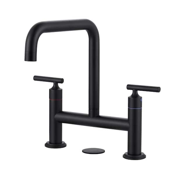 Double Handle Bridge Faucet with Kitchen Sink Hole Cover in Matte Black