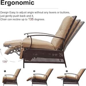 Brown 1-Piece Metal Frame Outdoor Adjustable Recliner with Strong Extendable Metal Frame and Brown Cushion