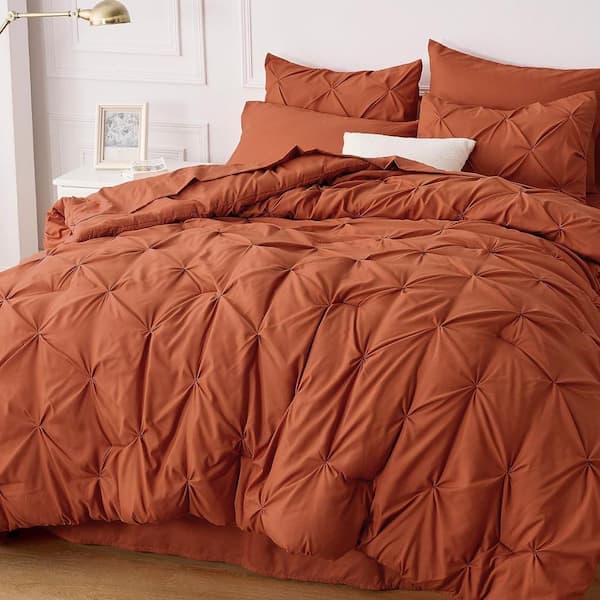 Afoxsos King Size Comforter Set 7 Pieces, Pintuck Bed in a Bag with Comforter, Bed Sheet, Pillowcases and Shams, Brunt Orange