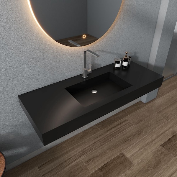 SJ STAR&JANE 47 in. Wall Mount Rectangle Vessel Sink with Faucet Hole, Black Solid Surface Bathroom Vessel Sink