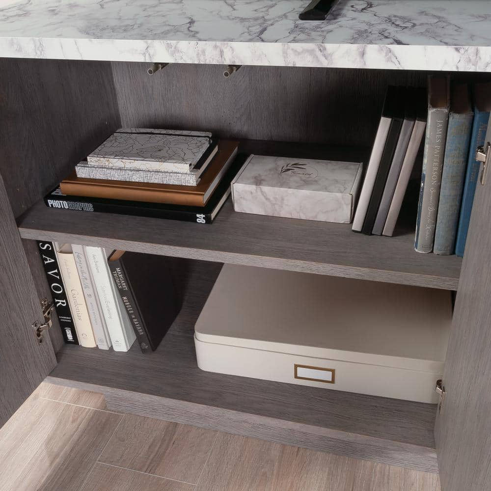 Ashen Oak and Faux White Marble Media Console with Cabinet