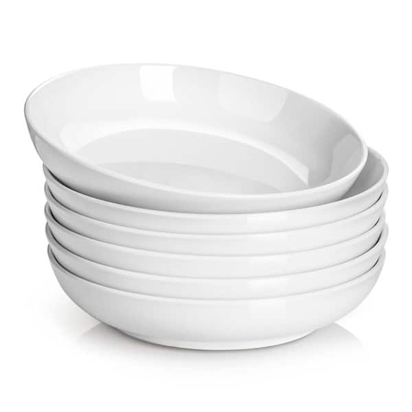 32 fl. oz. White Porcelain Wide Shallow Pasta Salad Serving Microwave and Dishwasher Safe Bowl (Set of 6)