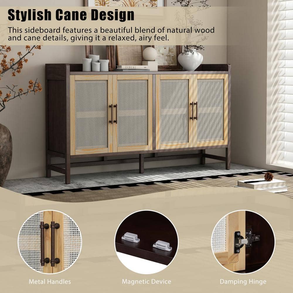 Natural Walnut Wood 60 in. Sideboard with Rattan Doors
