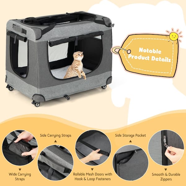 Angeles Home 36 1/2 in. x 25 in. Portable Folding Pet Carrier with 4 Lockable Wheels for Cat and Small Dog, Gray and Black