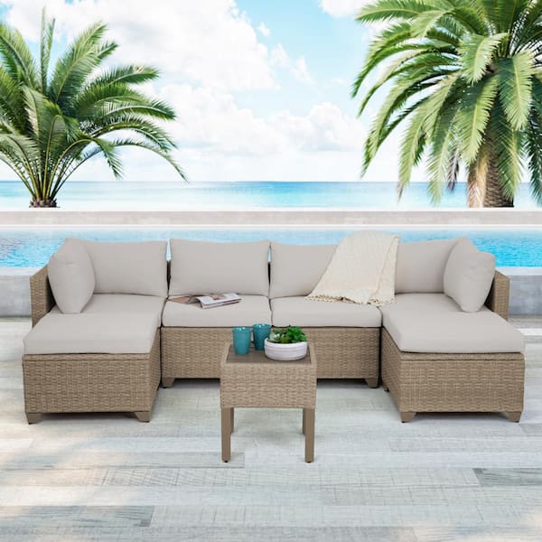 TK CLASSICS Maui 7-Piece Wicker Patio Conversation Set with Hazel Cushions