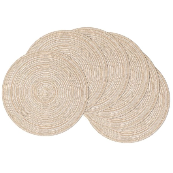 15 in. Round Beige Cotton Polyester Woven Braided Washable Placemats, Set of 6 for Kitchen Dining Tables