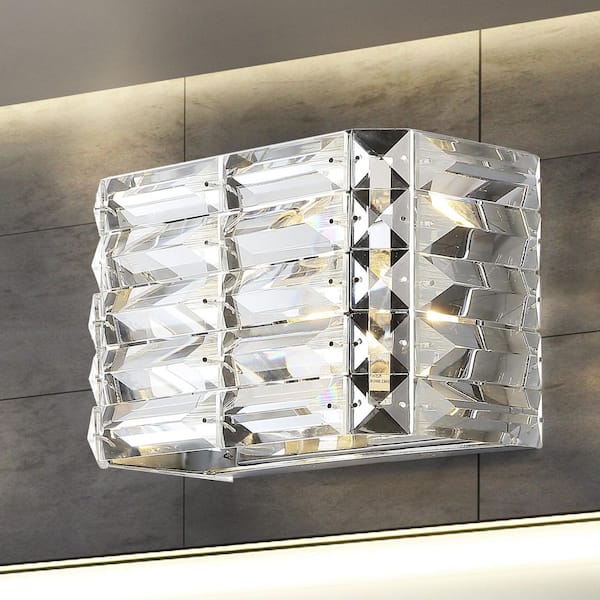 JONATHAN Y Evelyn Crystal Rectangle 10 in. 1-Light Chrome Iron/Crystal Glam Modern LED Vanity Light