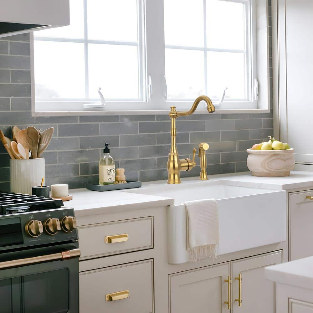 Brass Gold One-Handle Widespread Kitchen Faucet with Side Sprayer