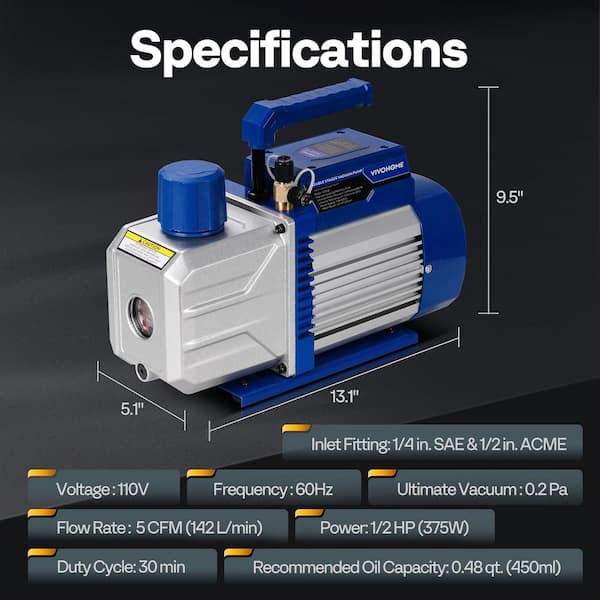 VIVOHOME 110V 1/2 HP 5CFM Dual Stage HVAC Vacuum Pump and AC