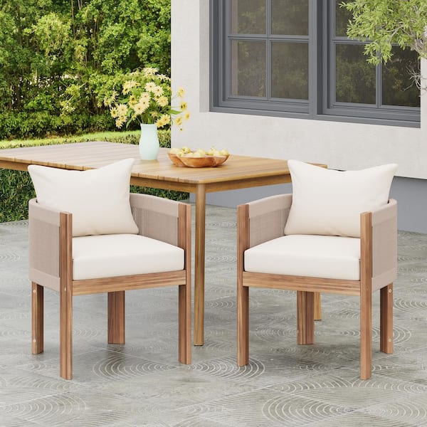 Outdoor Beige Rope and Acacia Wood Dining Chair Lounge Chair with Beige Cushions Set of 2