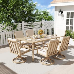 AluLux 7-Piece Beige Aluminum Outdoor Dining Set with 6-Swivel Dining Chairs and Washable Beige Cushions