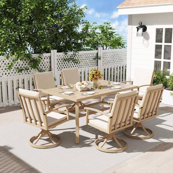 AluLux 7-Piece Beige Aluminum Outdoor Dining Set with 6-Swivel Dining Chairs and Washable Beige Cushions