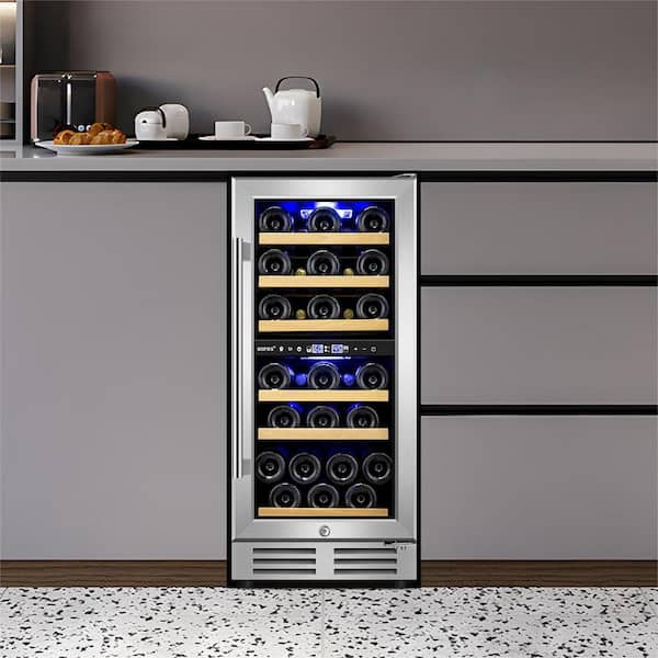 Nipus 15" Dual Zone 30-Bottle Cellar Cooling Unit Built-In and Freestanding Wine Cooler in Blue LED 2 handles Stainless Steel