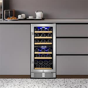 15" Dual Zone 30-Bottle Cellar Cooling Unit Built-In and Freestanding Wine Cooler in Blue LED 2 handles Stainless Steel