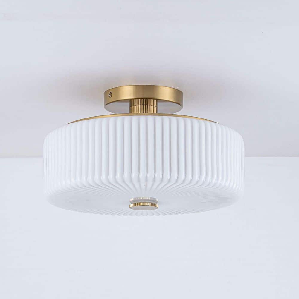 Kost 14 in. 3-Light Drum Brushed Gold Opal Ribbed Glass Modern Semi-Flush Mount for Kitchen Foyer Dining Room price history on PriceWatchPro