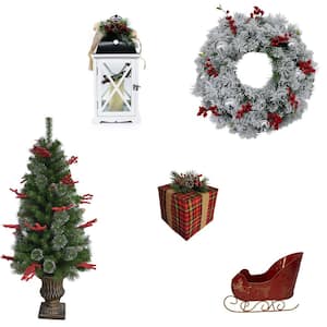 24 in. Artificial Christmas Wreath with Lightly Frosted Tree, Pre-Lit Lantern, Sleight and Gift Box