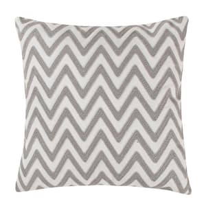Reverie Grey, White Embroidered Chevron 18 In. x 18 in. Throw Pillow