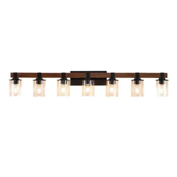 50 in. 7-Light Black and Vanity Light with Wood Accent and Clear Glass Shade