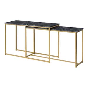 Auror 47.25 in. Gold Coating and Black Rectangle Faux Marble Nesting Console Table (Set of 2)
