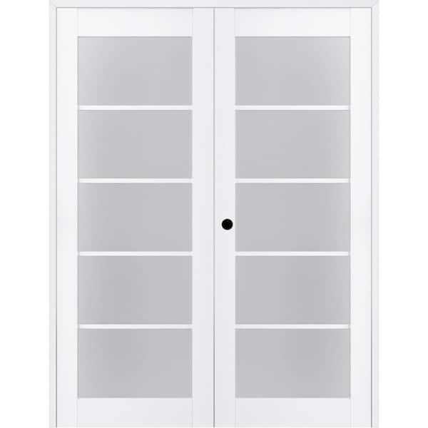 64 in. x 80 in. Right Hand Active 5-Lite Frosted Glass Bianco Noble Finished Wood Composite Double Prehung French Door