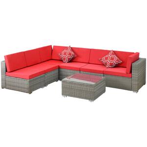 7-Piece Wicker Patio Conversation Set with Red Cushions