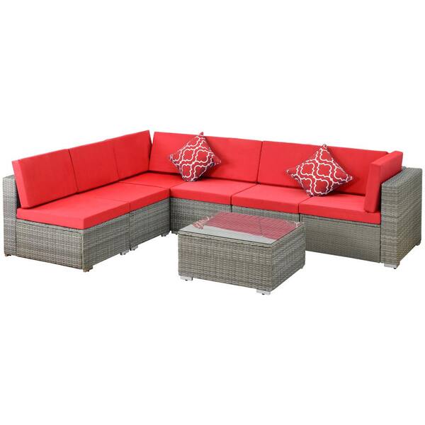 Tatayosi 7-Piece Wicker Patio Conversation Set with Red Cushions