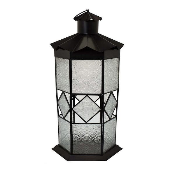 Benjara Black Metal Decorative Lantern with Hexagonal Glass Case