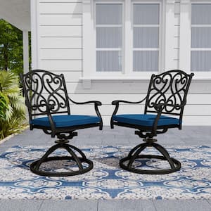 Black Cast Aluminum Metal Outdoor Patio Stackable Retro Pattern Swivel Dining Chair with Blue Cushion for Yard (2-Pack)