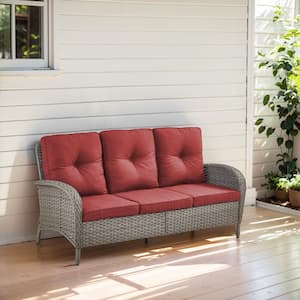 PlainCurve Metal and Gray Wicker Patio Outdoor 3-Seat Sectional Couch Sofa with Olefin Red Cushions