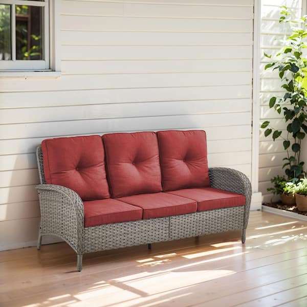 Opohoro PlainCurve Metal and Gray Wicker Patio Outdoor 3-Seat Sectional Couch Sofa with Olefin Red Cushions