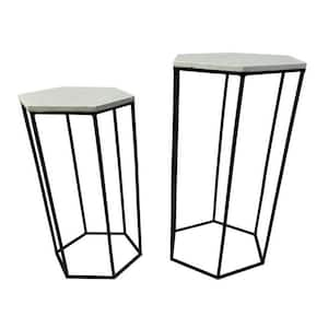 27.5 in. Black and White Hexagonal Marble Plant Stand with 1 Tier (Set of 2)