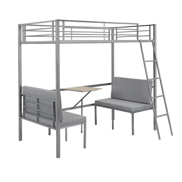 aisword Silver Twin Size Over Built-in Wooden Table and Upholstery Chairs Set Bed