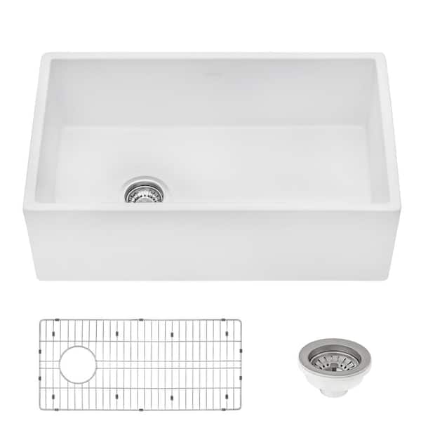 Ruvati 30 in. Single Bowl Farmhouse Fireclay Kitchen Sink with Left Offset Drain in White