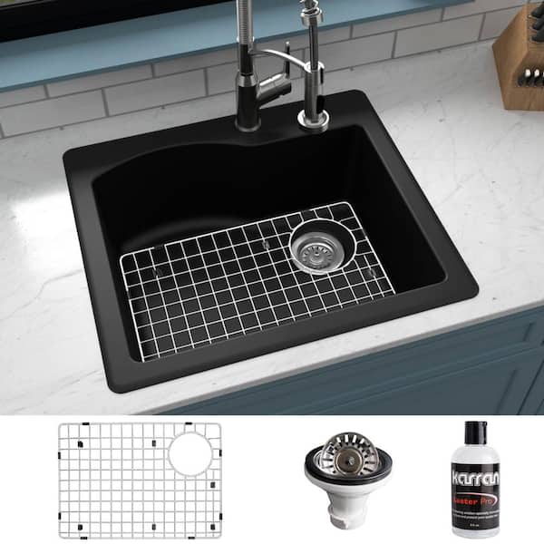 Karran QT-671 Quartz/Granite 25 in. Single Bowl Top Mount Drop-In Kitchen Sink in Black with Bottom Grid and Strainer