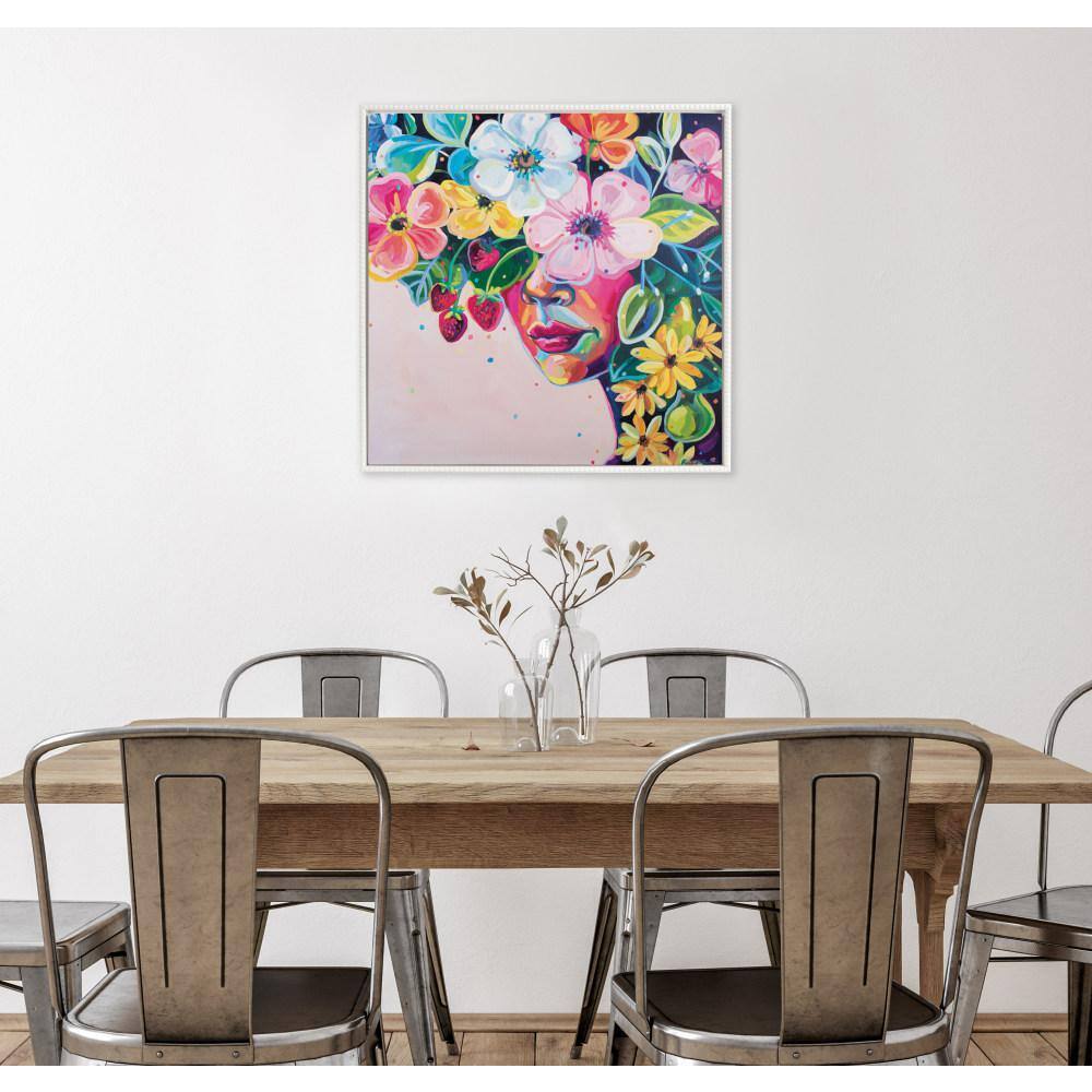 Colorful Flower Crown Art on White Framed Canvas, 30x30