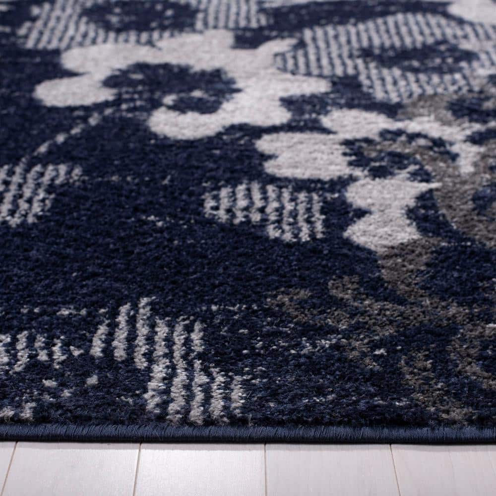 Navy and Silver Floral Synthetic Rectangular Area Rug, 8' x 10'