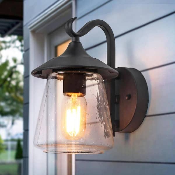 Modern Frosted Black Porch Outdoor Wall Sconce 1-Light Classic Exterior Lantern with Mushroom Clear Seeded Glass Shade