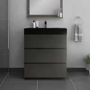 Large Storage 30 in. W x 18.1 in. D x 37 in. H Single Sink Freestanding Bath Vanity in Gray with Black Solid Surface Top