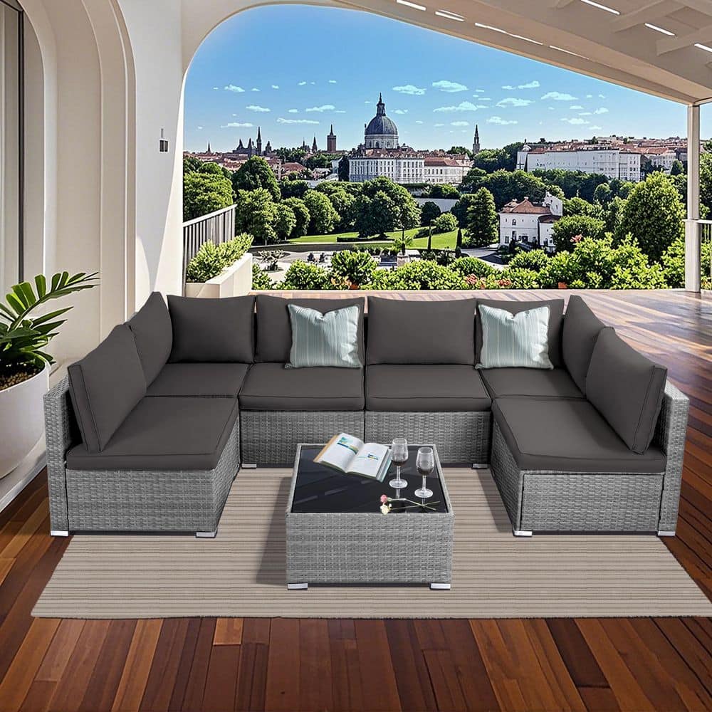 Grey 7-Piece Wicker Patio Conversation Sectional Seating Set Grey Cushions price history on PriceWatchPro